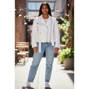 Juicy Couture White Denim Moto Jacket Stretch Belted Zip Front Womens Size L NWT